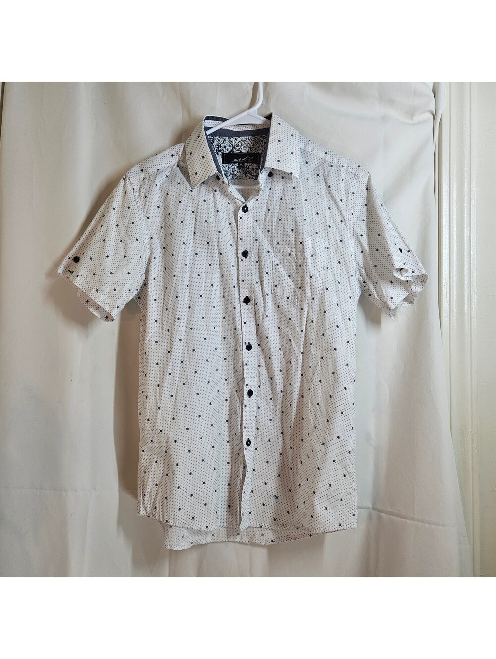 Coastal Men's Medium White Button-Up Shirt with Navy Dot Pattern, 100% Cotton